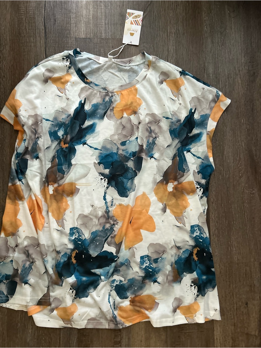 Short Sleeve Watercolor Floral Tee in White, Blue & Mustard